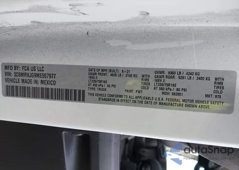 2021 Ram Promaster 3500 Cargo Van High Roof 159 Wb Ext from USA, damaged, VIN 3C6MRVJG9ME557977